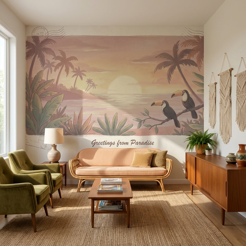 Tropical Sunset Wallpaper Toucan Vintage Wall Mural