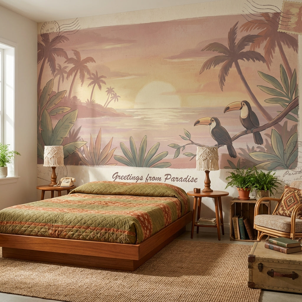 Tropical Sunset Wallpaper Toucan Vintage Wall Mural