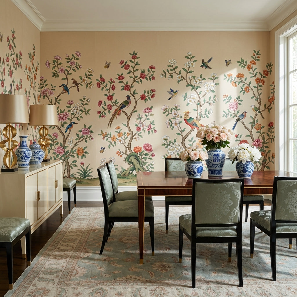 Floral Wallpaper Birds Oriental Removable Wall Decor