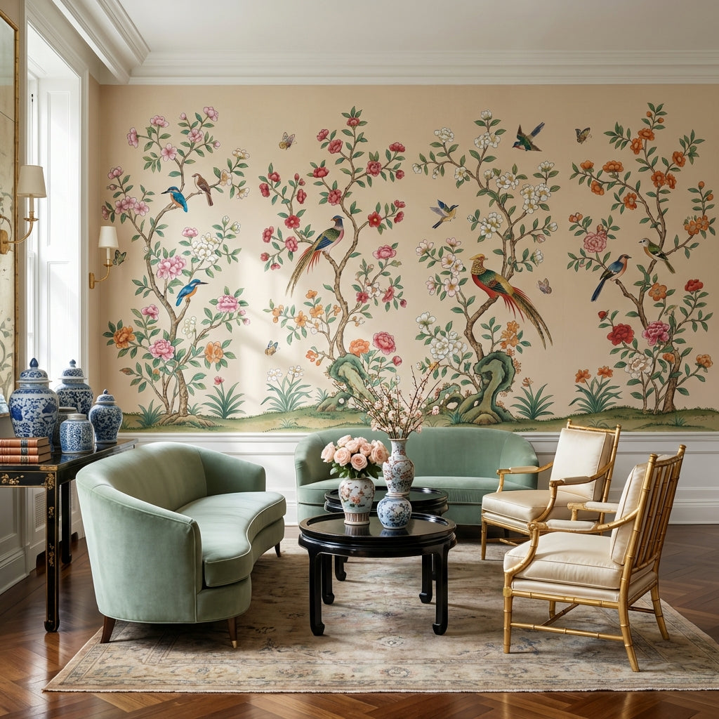 Floral Wallpaper Birds Oriental Removable Wall Decor