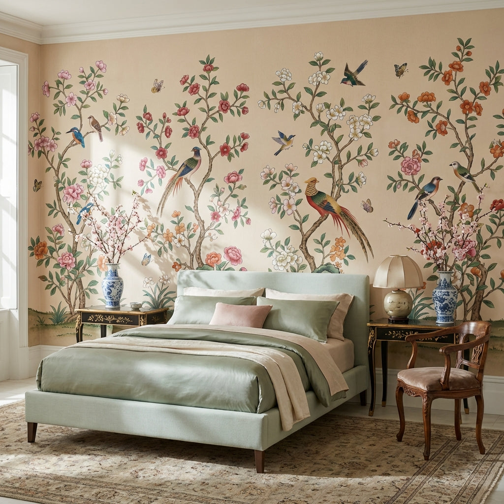 Floral Wallpaper Birds Oriental Removable Wall Decor