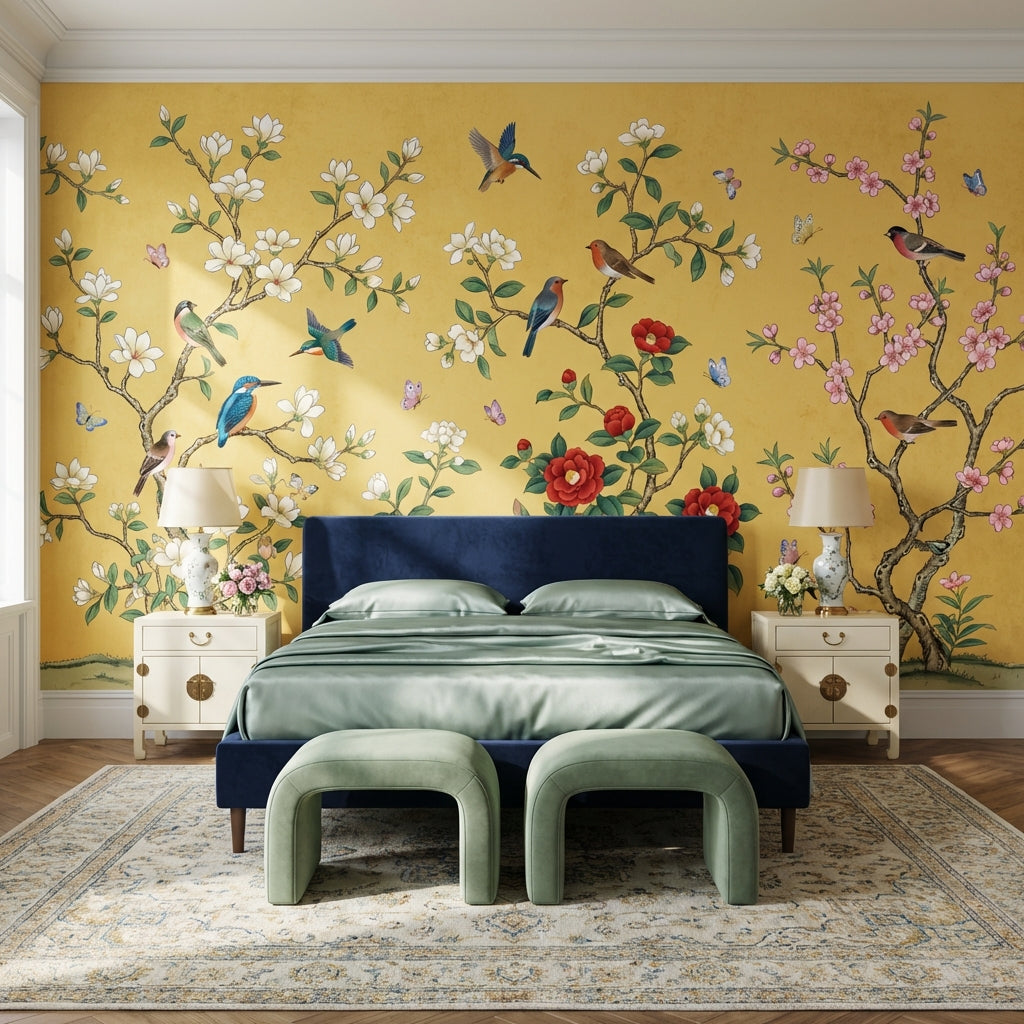 Pink Cherry Wallpaper Birds Floral Wall Mural