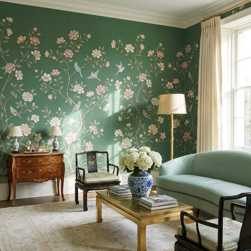 Floral Vintage Wallpaper Birds Green Wall Mural