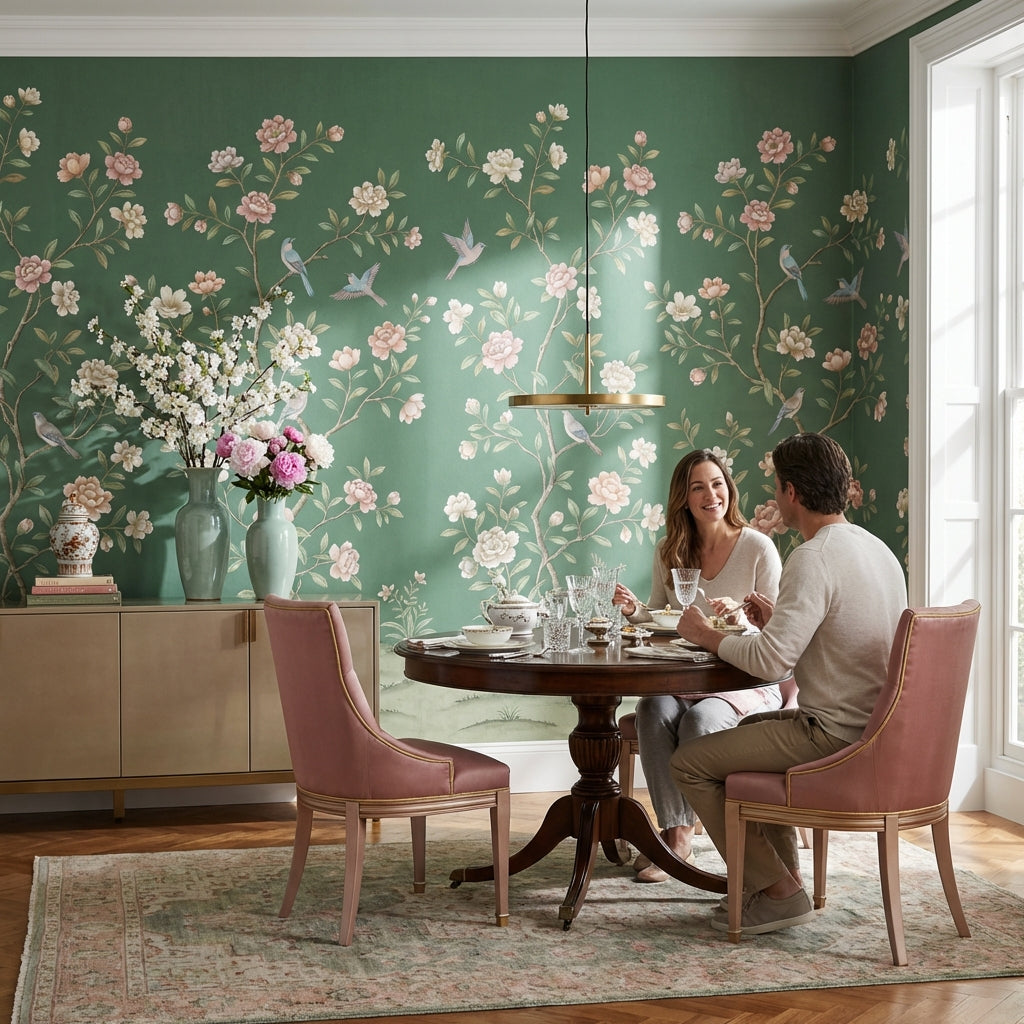 Floral Vintage Wallpaper Birds Green Wall Mural