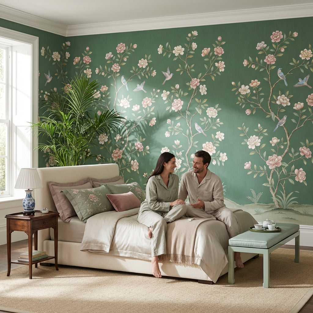 Floral Vintage Wallpaper Birds Green Wall Mural