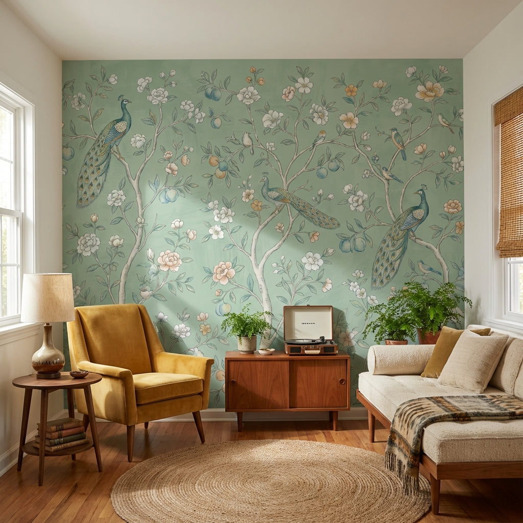 Peacock Wallpaper Floral Vintage Wall Mural
