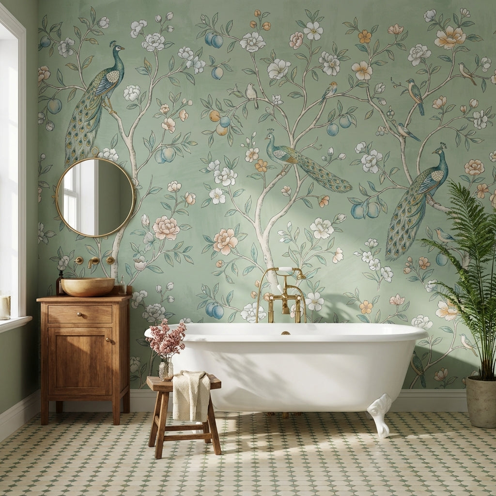 Peacock Wallpaper Floral Vintage Wall Mural