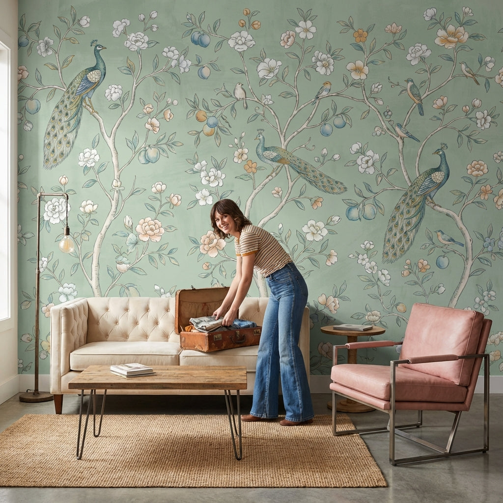 Peacock Wallpaper Floral Vintage Wall Mural