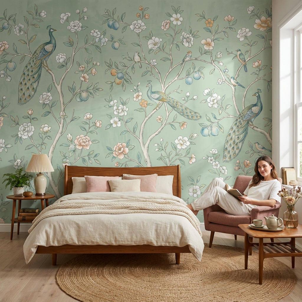 Peacock Wallpaper Floral Vintage Wall Mural