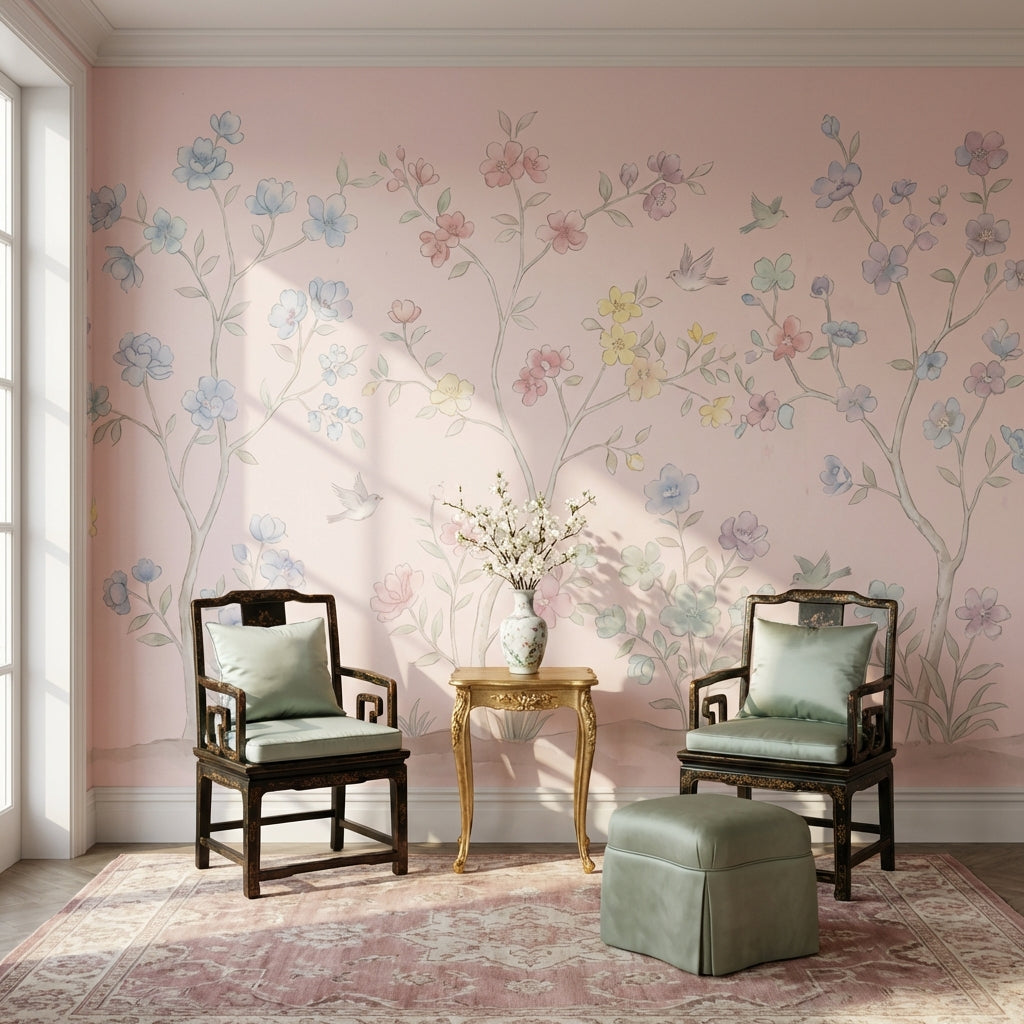 Pastel Floral Wallpaper Birds Garden Wall Mural