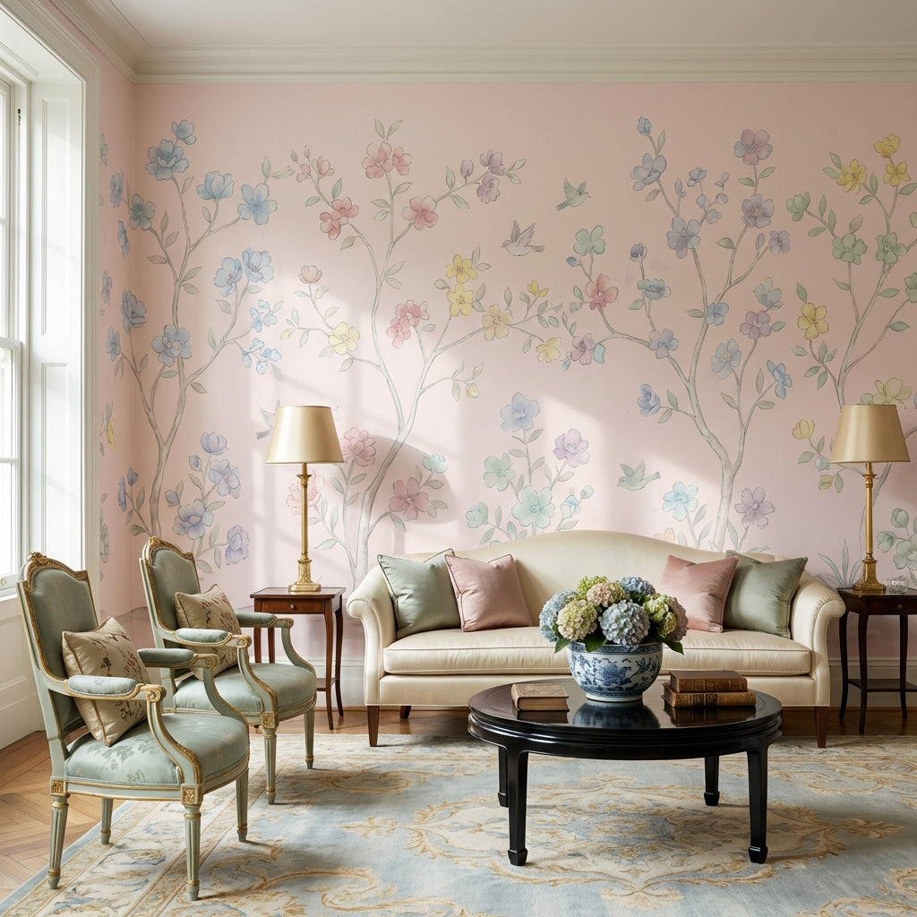 Pastel Floral Wallpaper Birds Garden Wall Mural