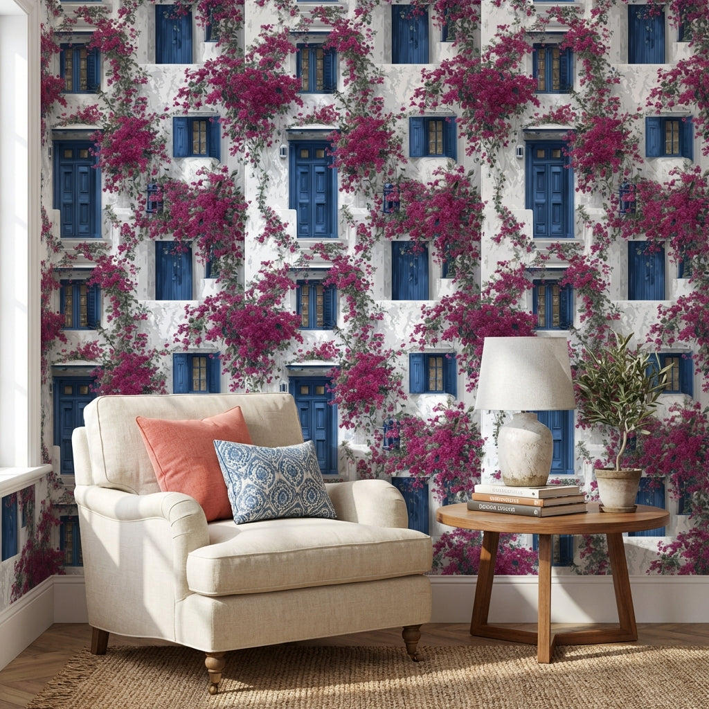 Mediterranean Walls Wallpaper Blue Floral Decorative Mural