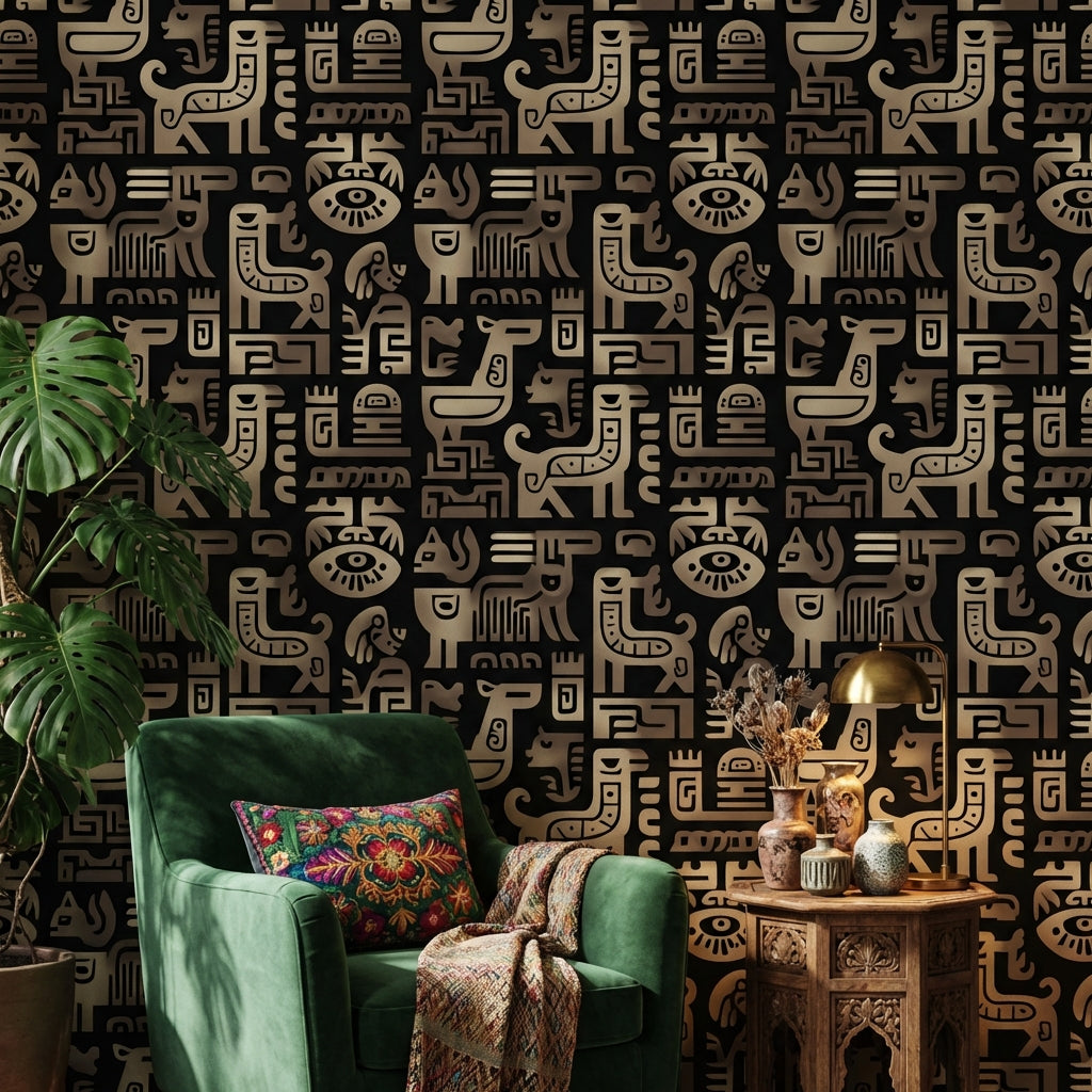 Stylized Animal Wallpaper Geometric Tribal Decorative Mural