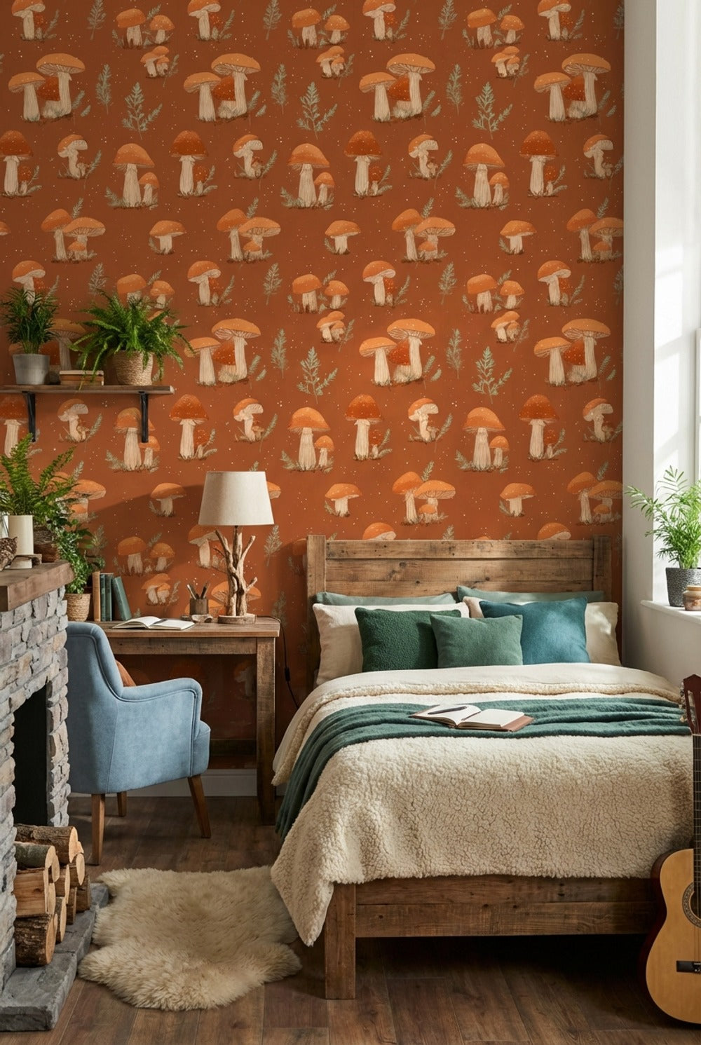 Muted Green Wallpaper Fern Mushroom Decorative Mural
