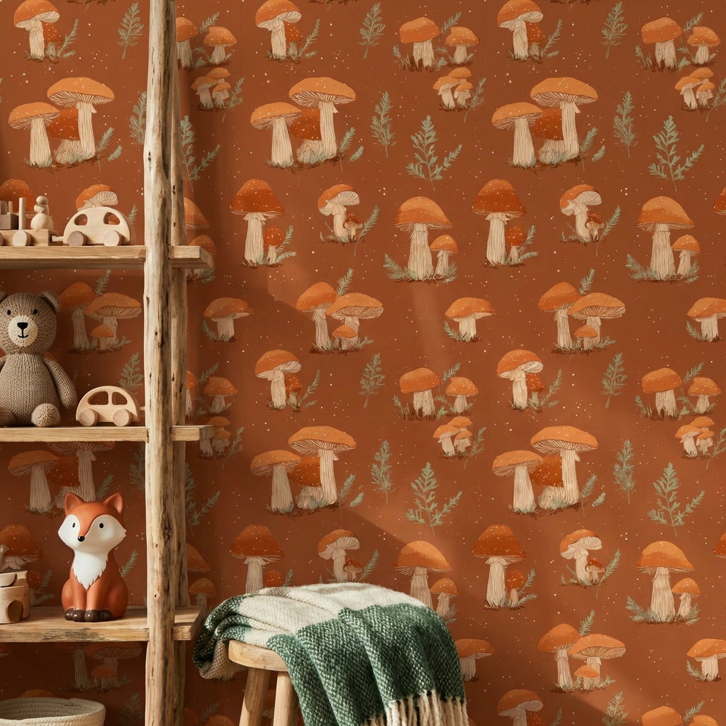 Muted Green Wallpaper Fern Mushroom Decorative Mural