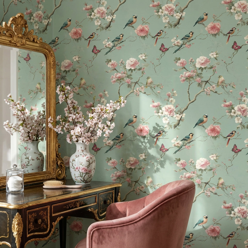 Floral Wallpaper Birds Nature Decorative Mural