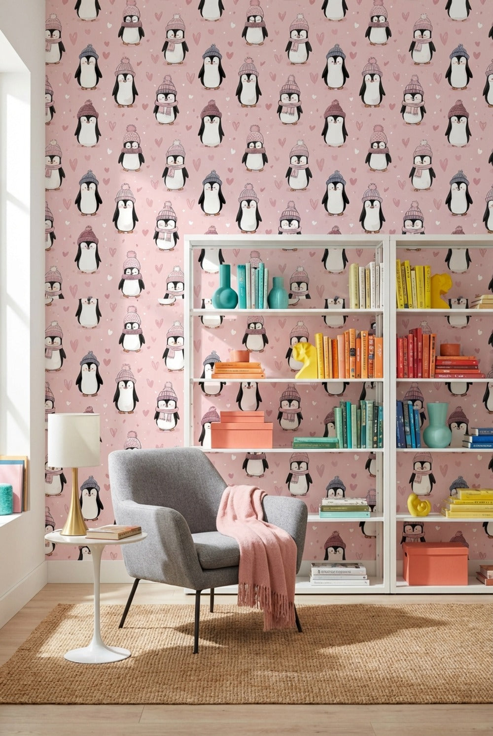 Penguins Wallpaper Pink Playful Decorative Mural
