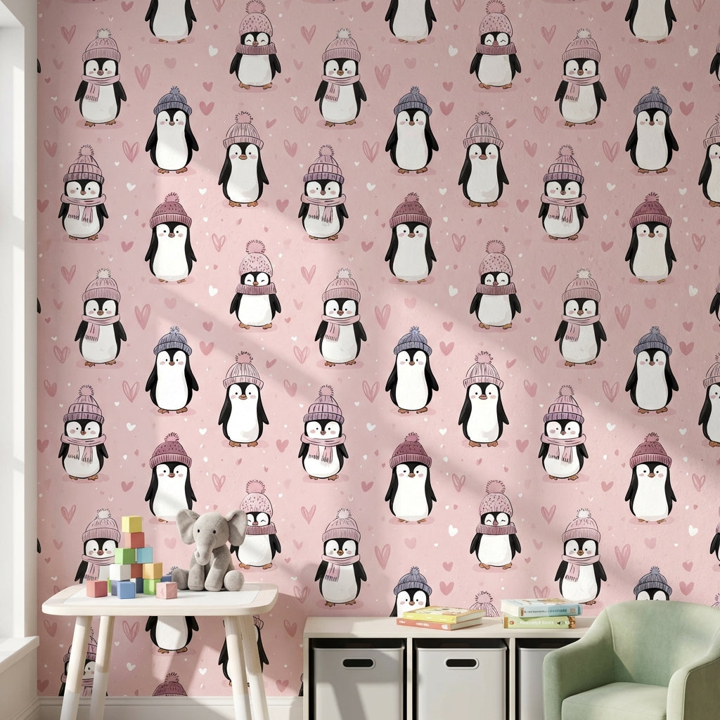 Penguins Wallpaper Pink Playful Decorative Mural
