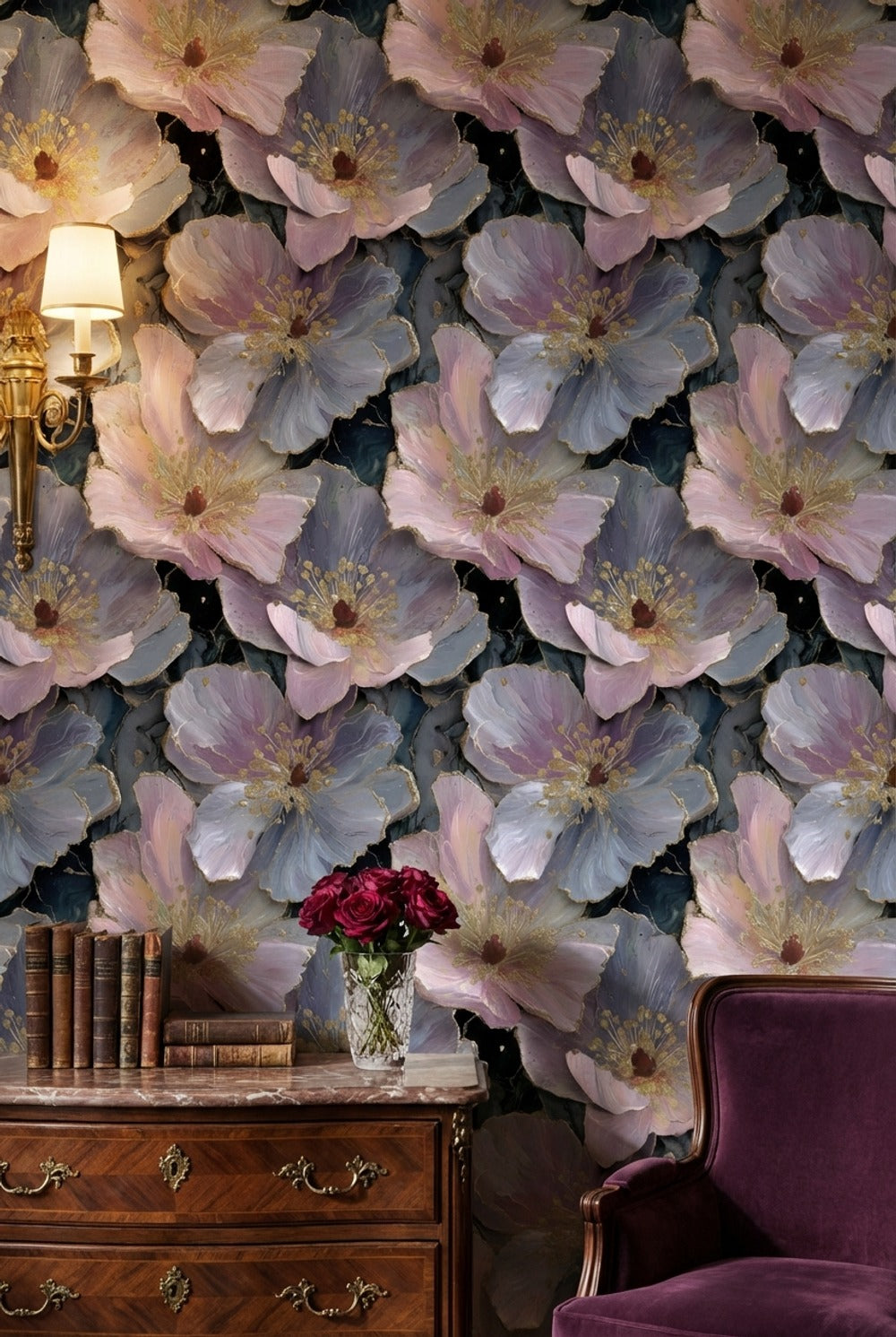Floral Wallpaper Golden Look Purple Decorative Mural