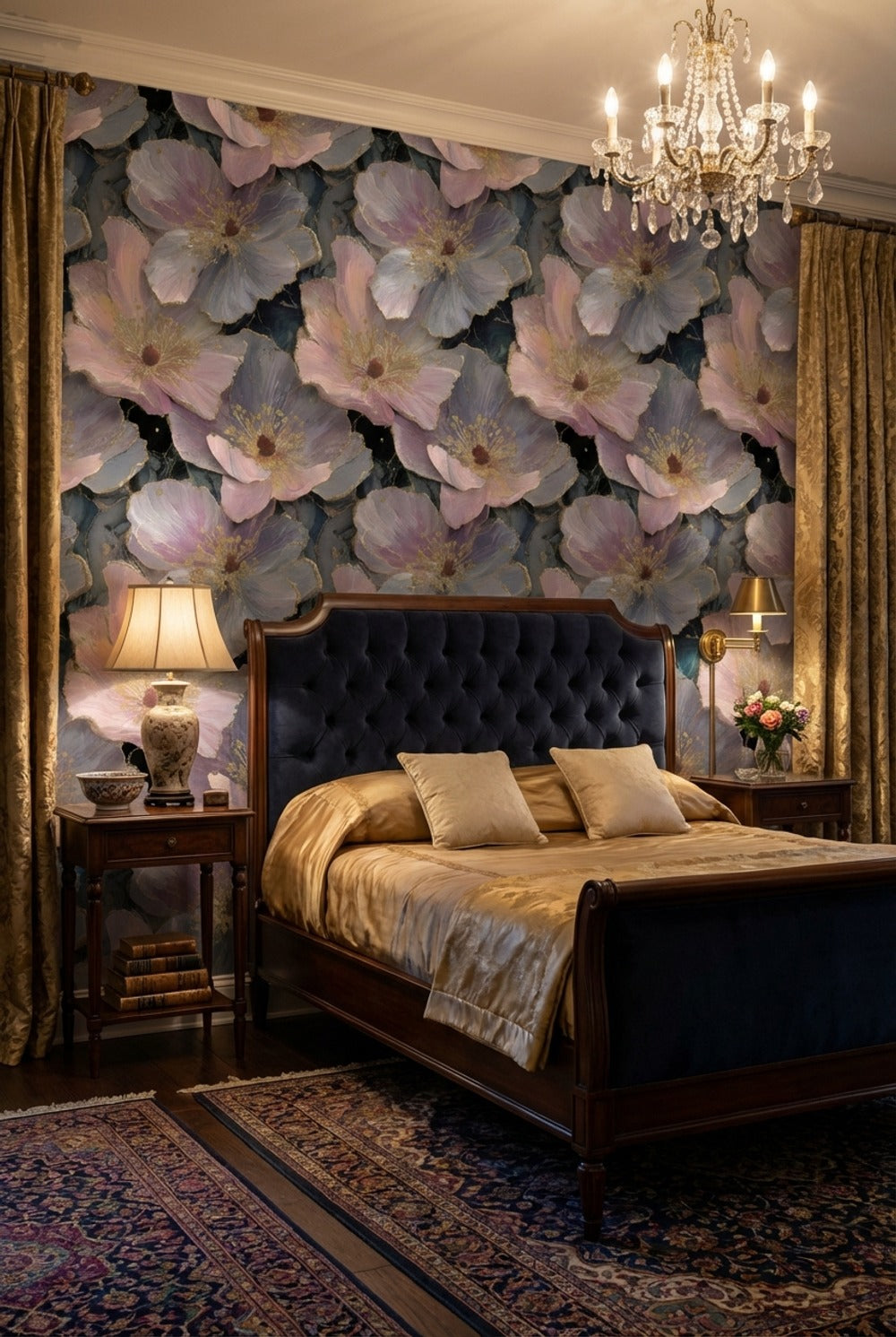 Floral Wallpaper Golden Look Purple Decorative Mural