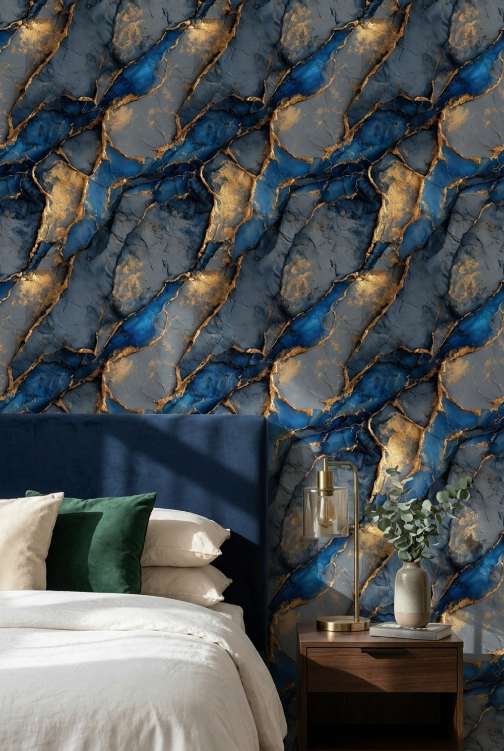 Marble Wallpaper Blue Golden Look Decorative Mural