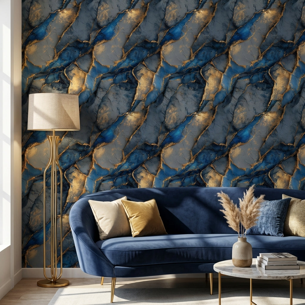 Marble Wallpaper Blue Golden Look Decorative Mural