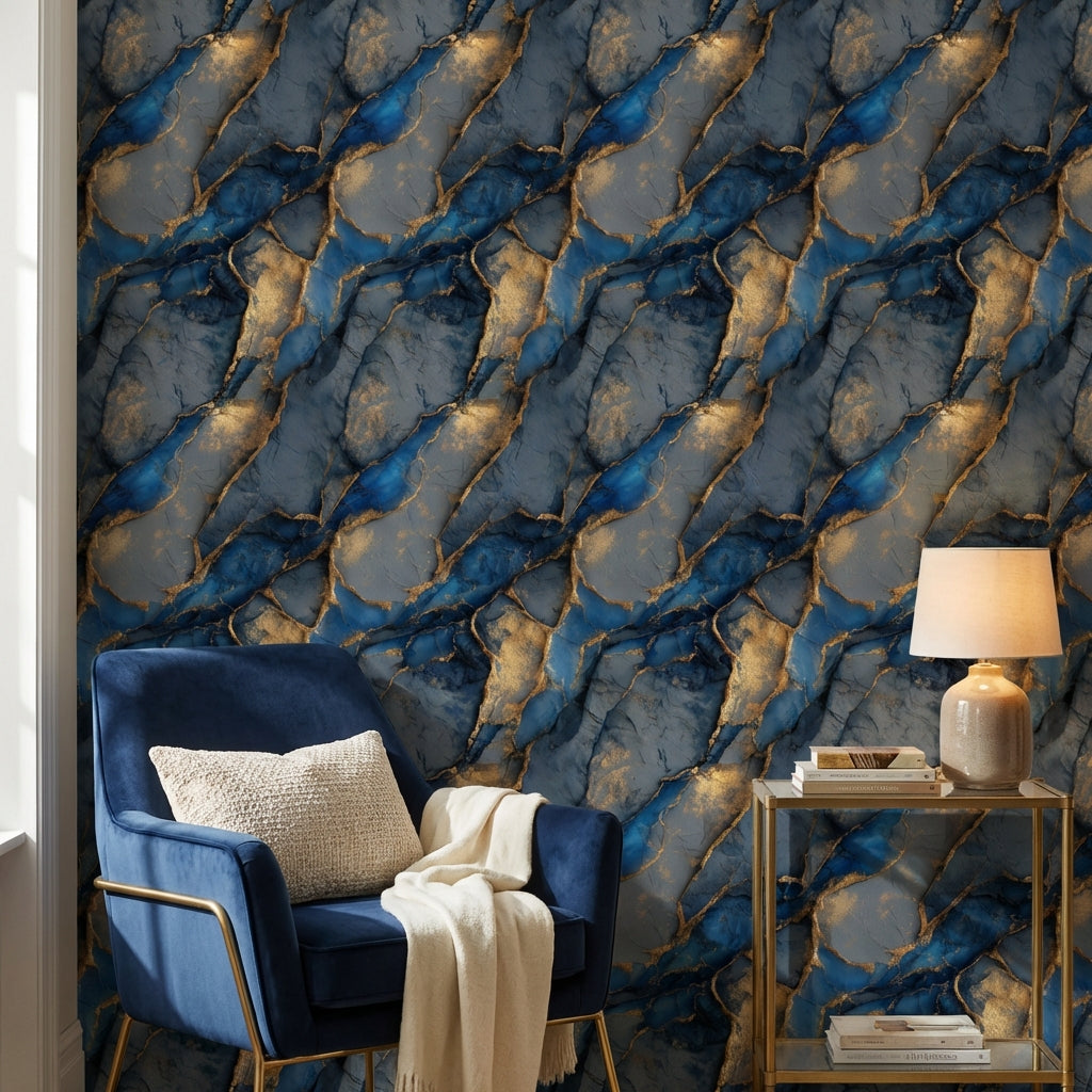 Marble Wallpaper Blue Golden Look Decorative Mural