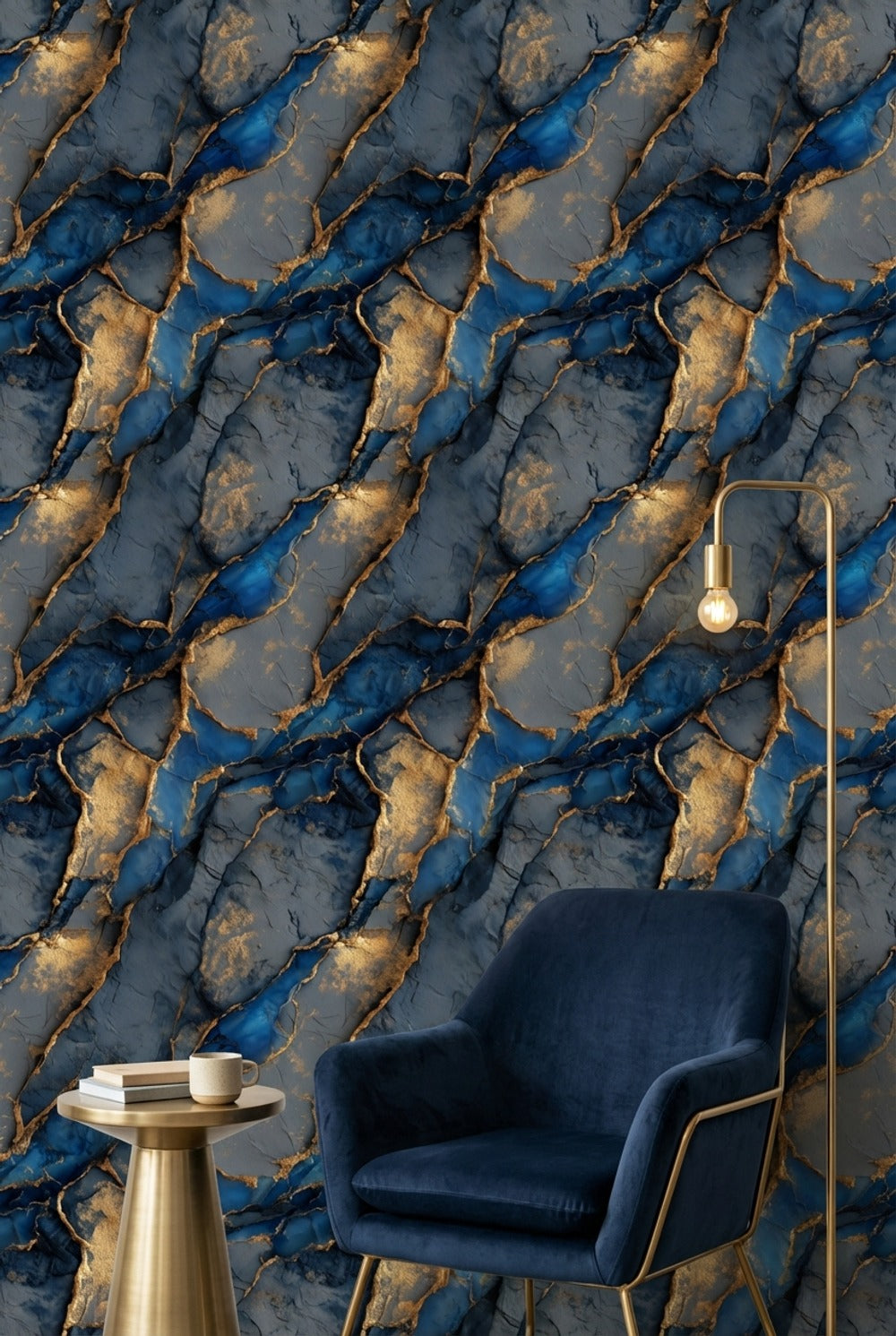 Marble Wallpaper Blue Golden Look Decorative Mural