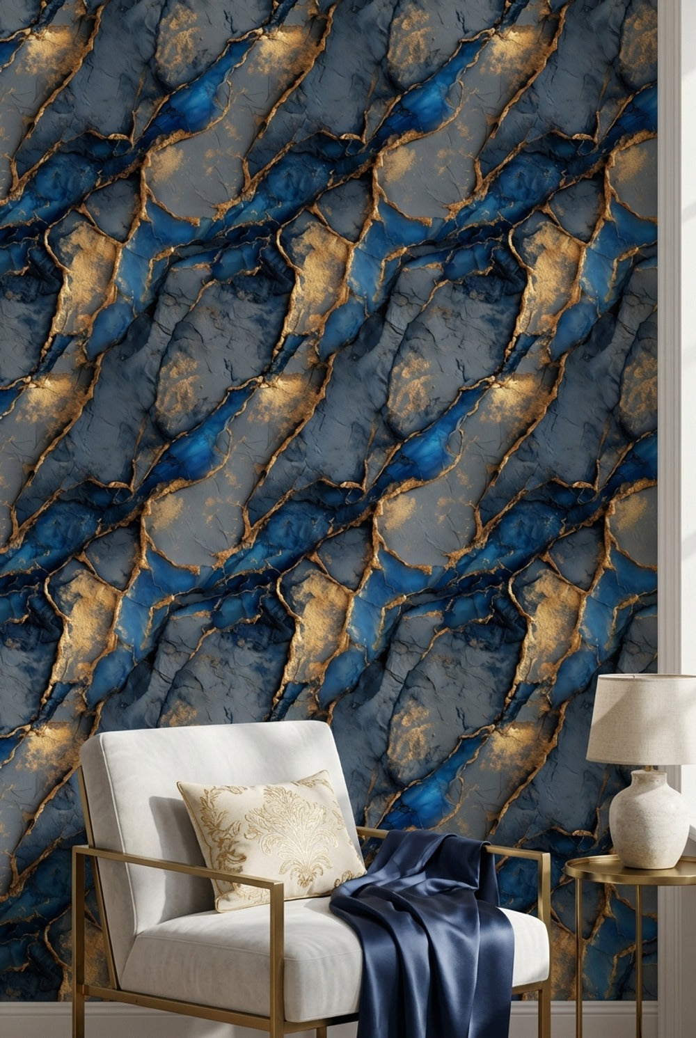 Marble Wallpaper Blue Golden Look Decorative Mural