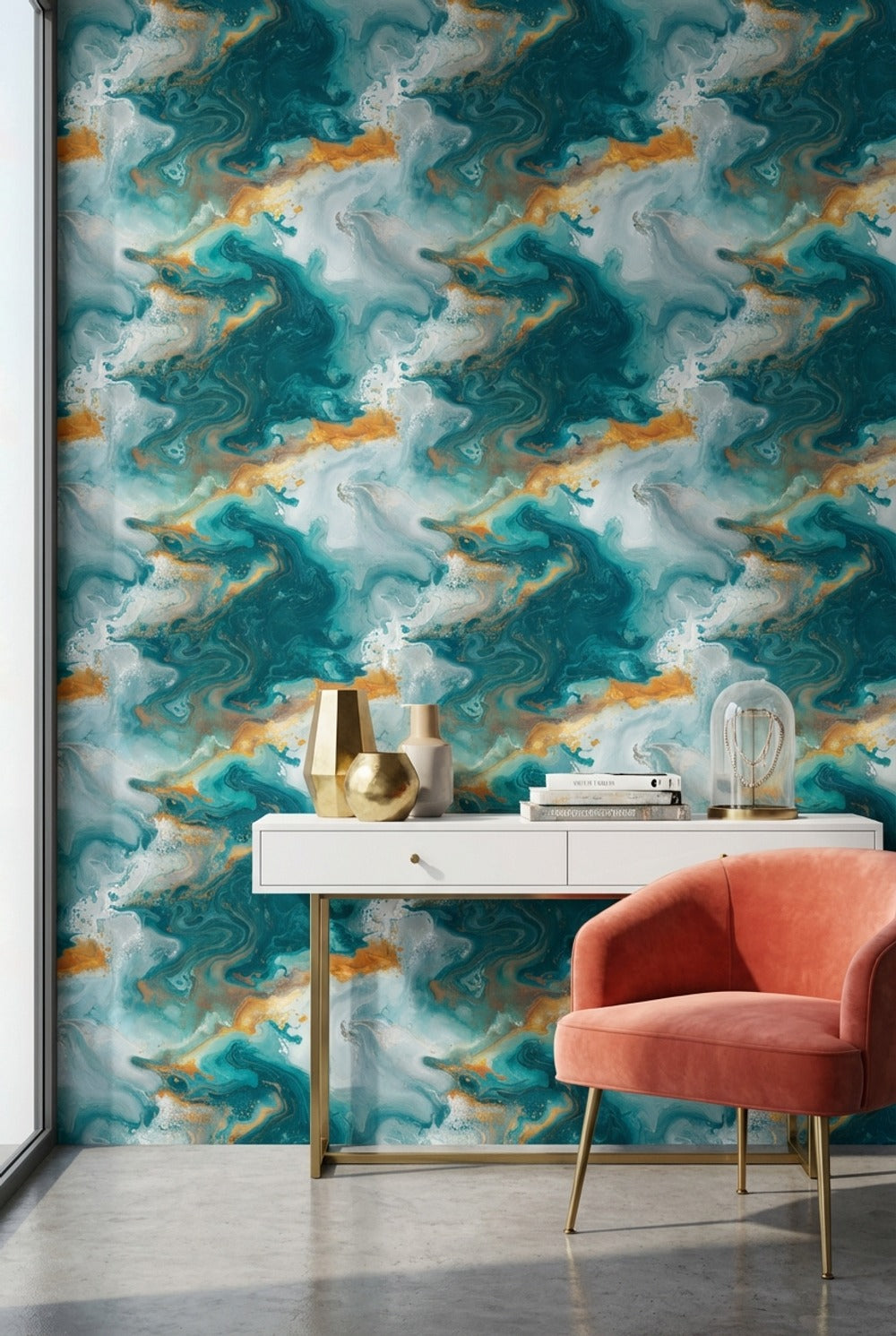 Teal Abstract Wallpaper Swirling Vibrant Wall Mural