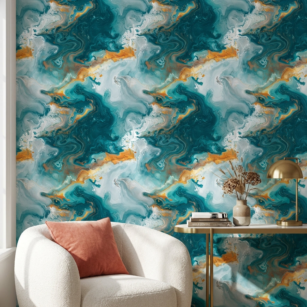 Teal Abstract Wallpaper Swirling Vibrant Wall Mural