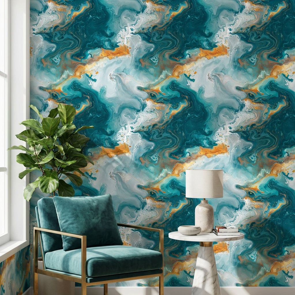 Teal Abstract Wallpaper Swirling Vibrant Wall Mural