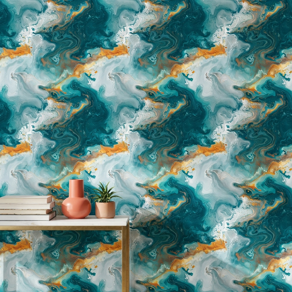 Teal Abstract Wallpaper Swirling Vibrant Wall Mural