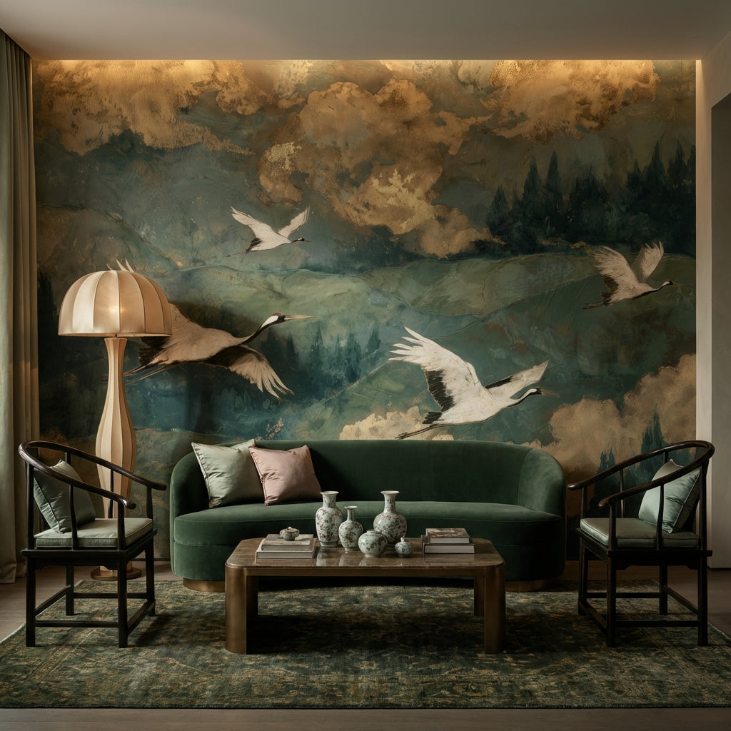 Cranes Landscape Wallpaper Green Vintage Wall Mural