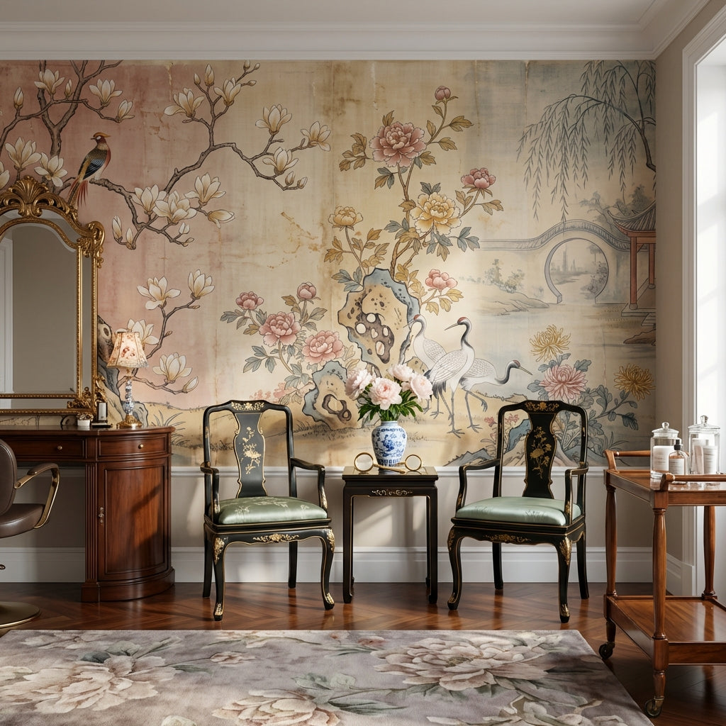 Chinoiserie Birds Wallpaper Asian Landscape Wall Decor
