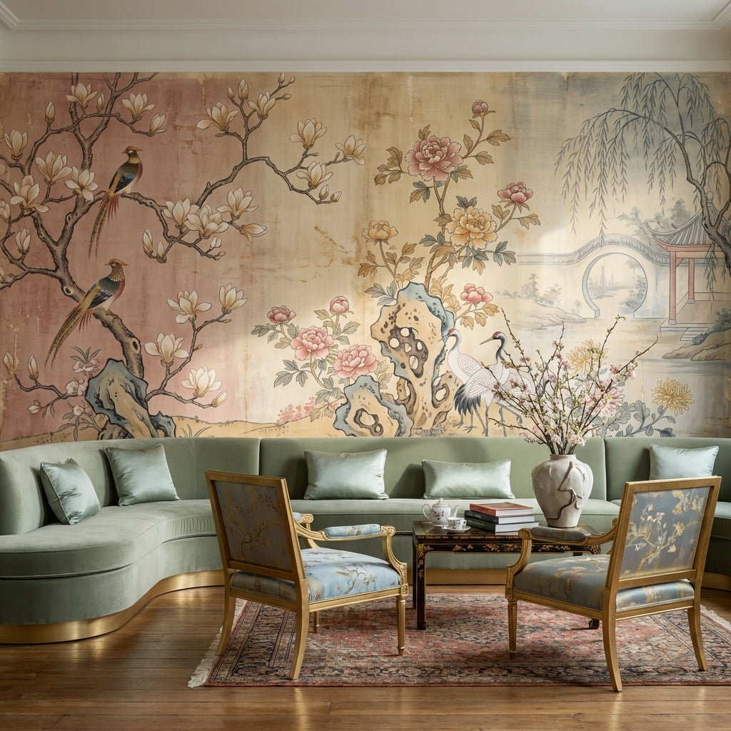 Chinoiserie Birds Wallpaper Asian Landscape Wall Decor