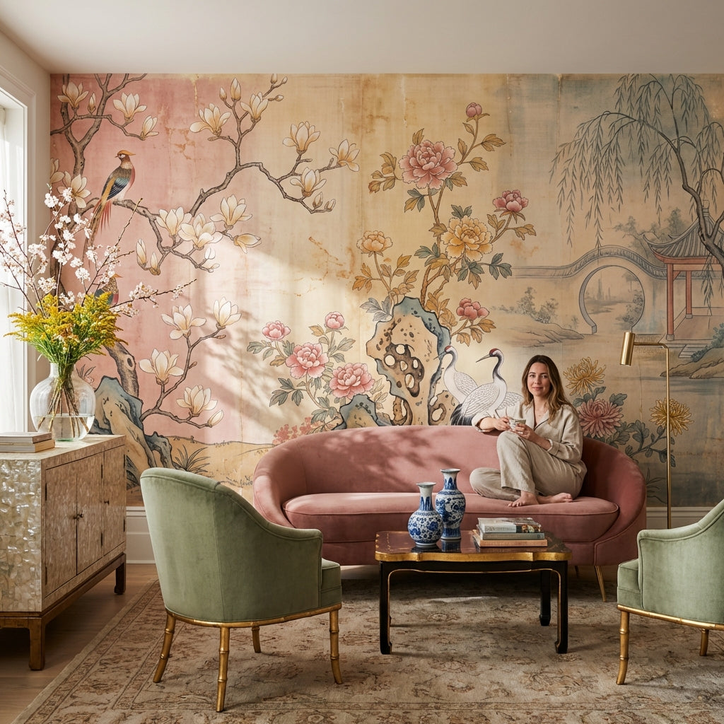 Chinoiserie Birds Wallpaper Asian Landscape Wall Decor
