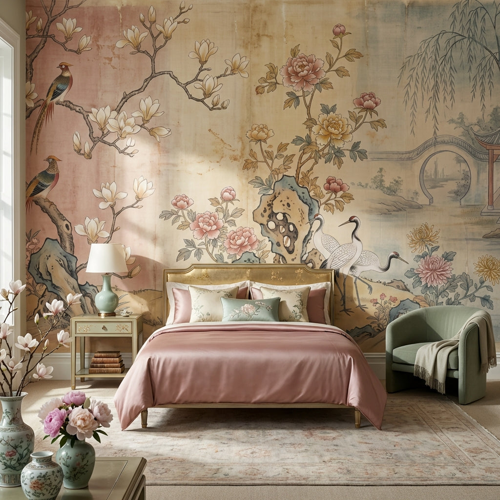 Chinoiserie Birds Wallpaper Asian Landscape Wall Decor