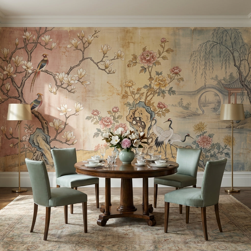 Chinoiserie Birds Wallpaper Asian Landscape Wall Decor