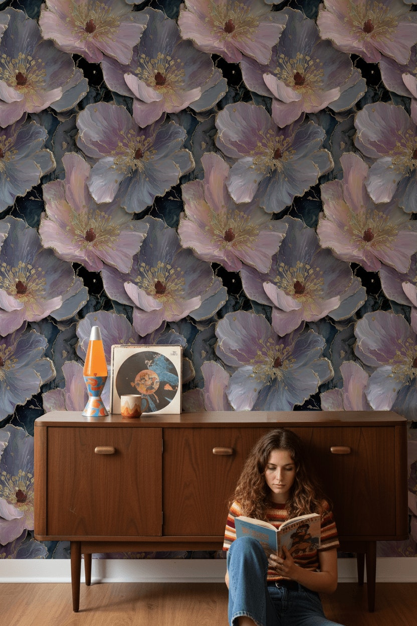 Floral Wallpaper Golden Look Purple Decorative Mural