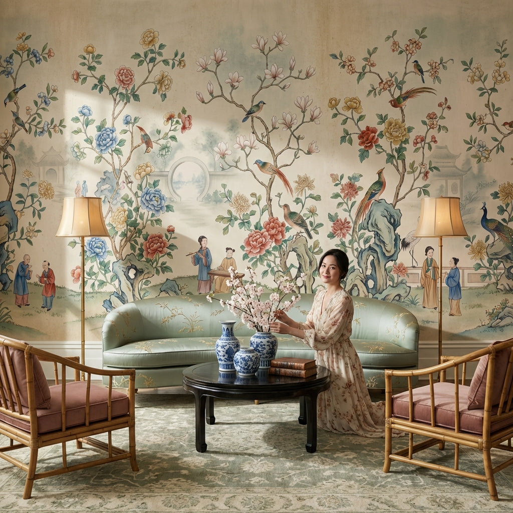 Toile Wallpaper Floral Birds Removable Wall Decor