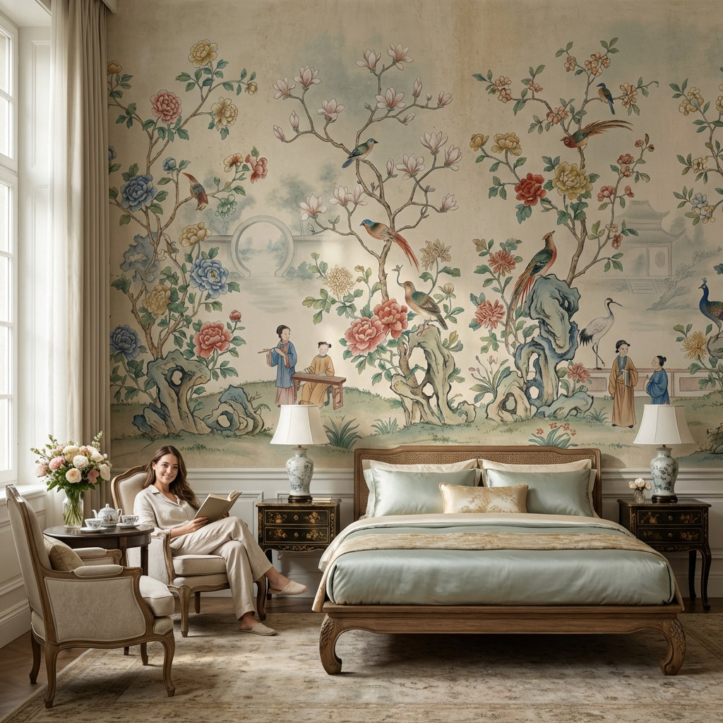 Toile Wallpaper Floral Birds Removable Wall Decor