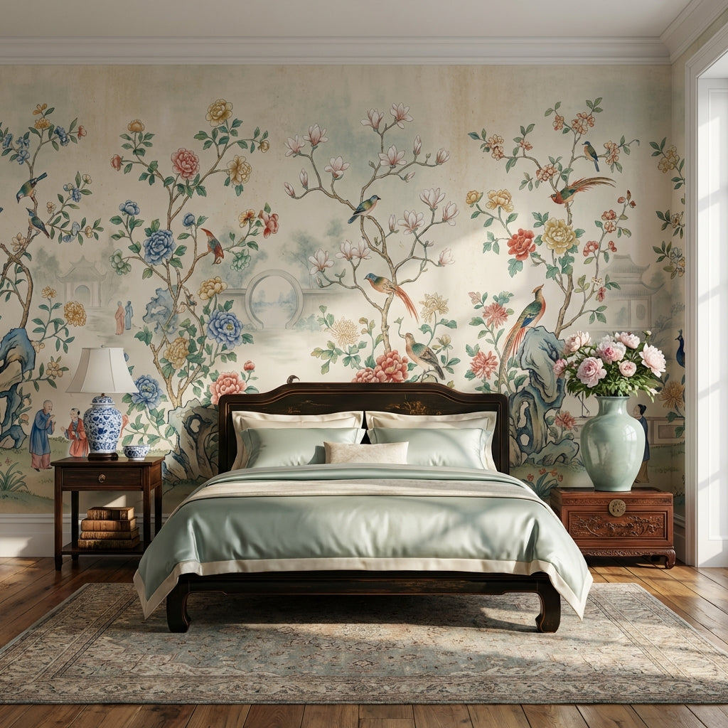 Toile Wallpaper Floral Birds Removable Wall Decor
