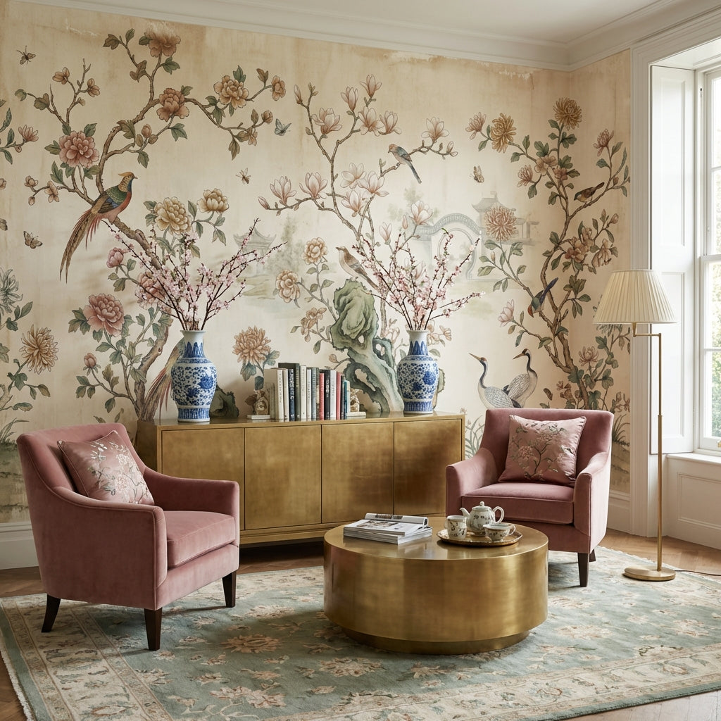 Floral Wallpaper Birds Asian Wall Mural