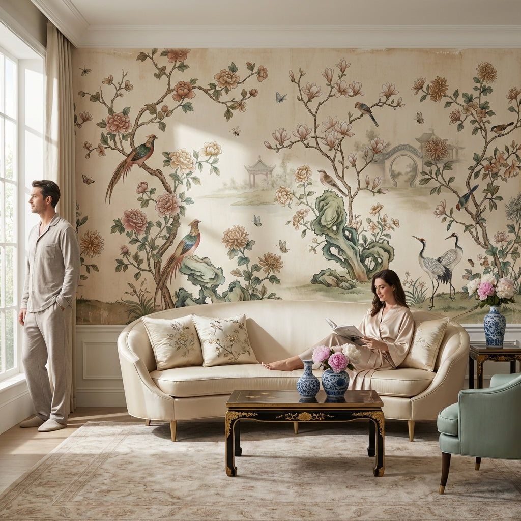 Floral Wallpaper Birds Asian Wall Mural