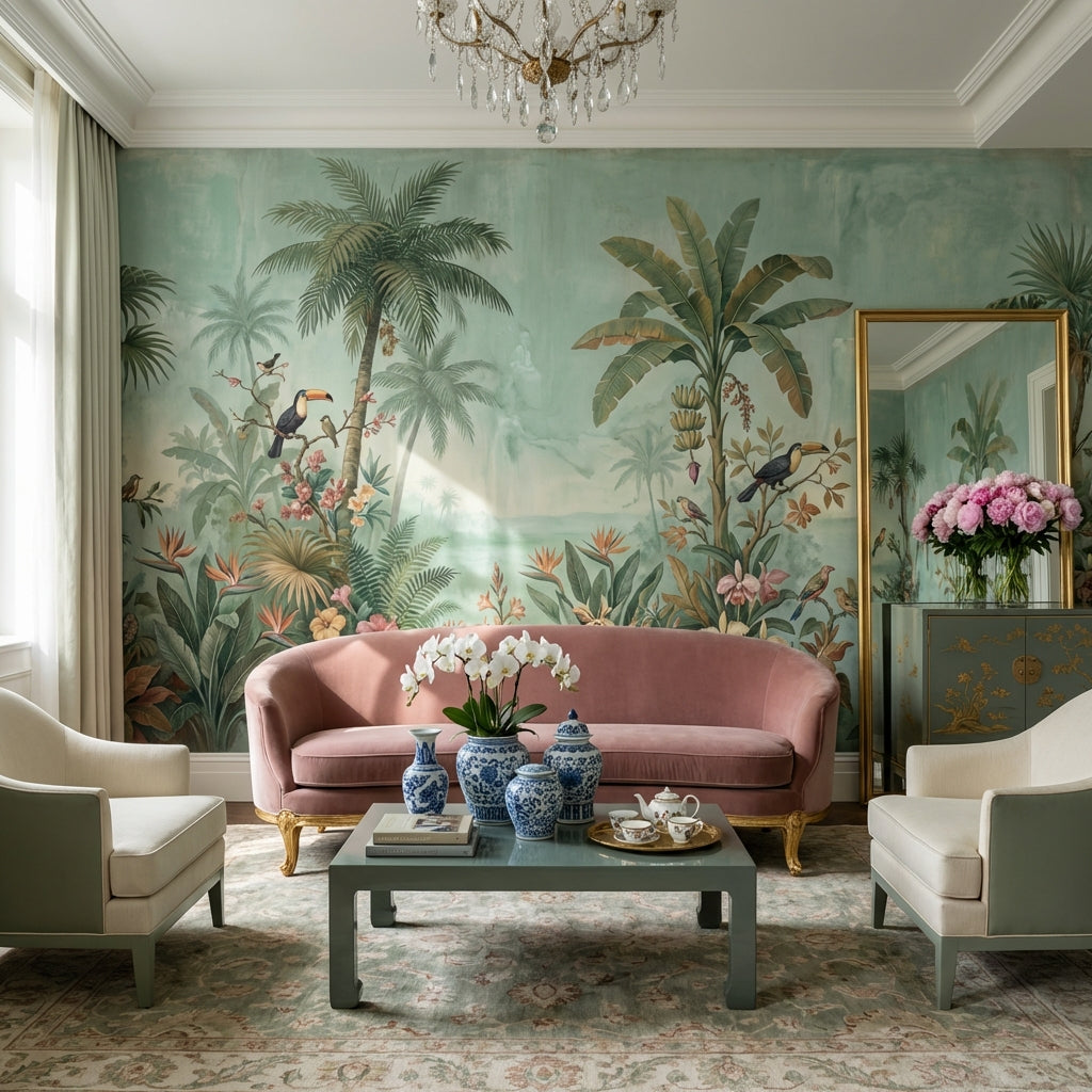 Tropical Birds Wallpaper Muted Green Removable Wall Decor