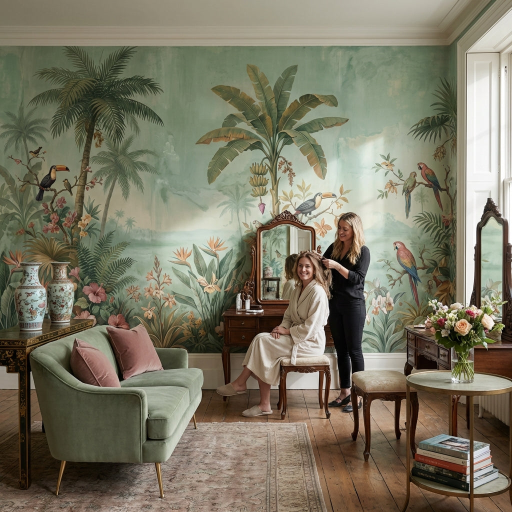 Tropical Birds Wallpaper Muted Green Removable Wall Decor