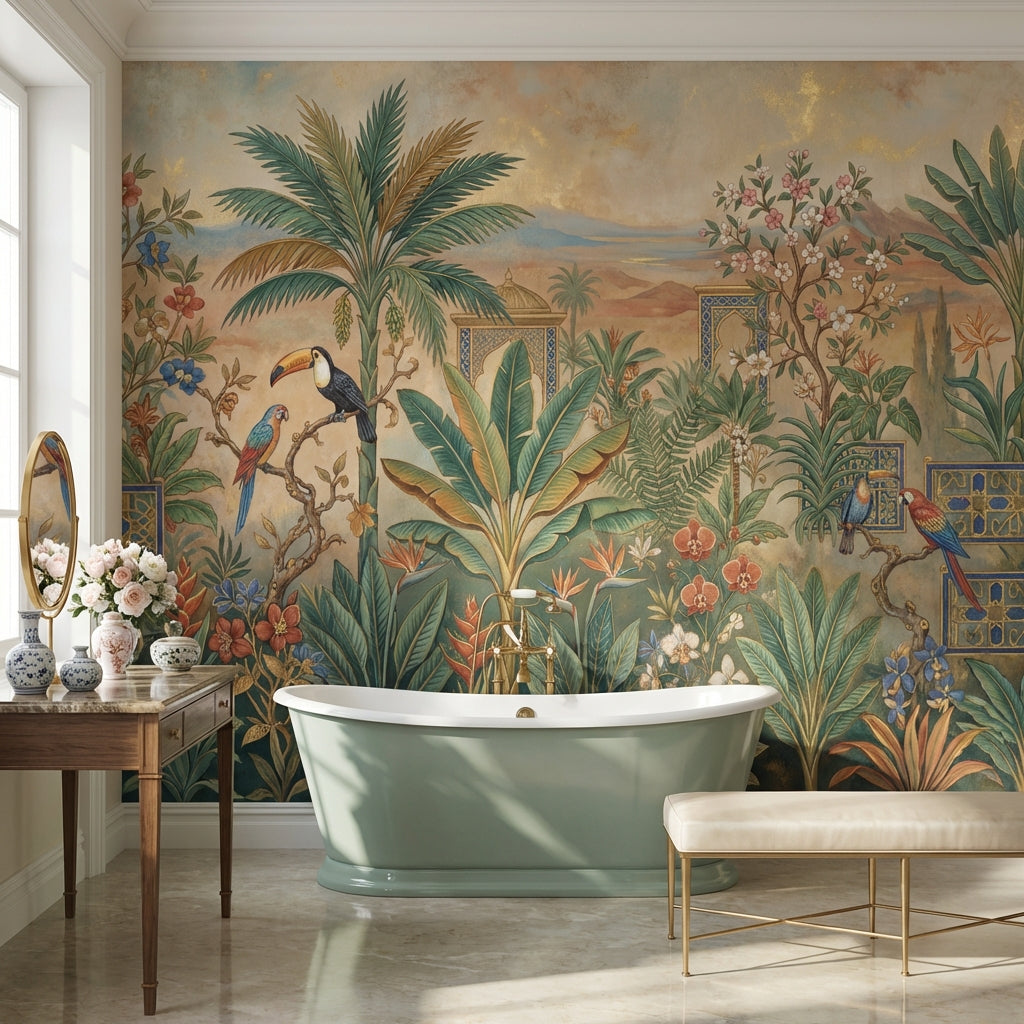 Tropical Birds Wallpaper Palm Trees Mountain Wall Mural