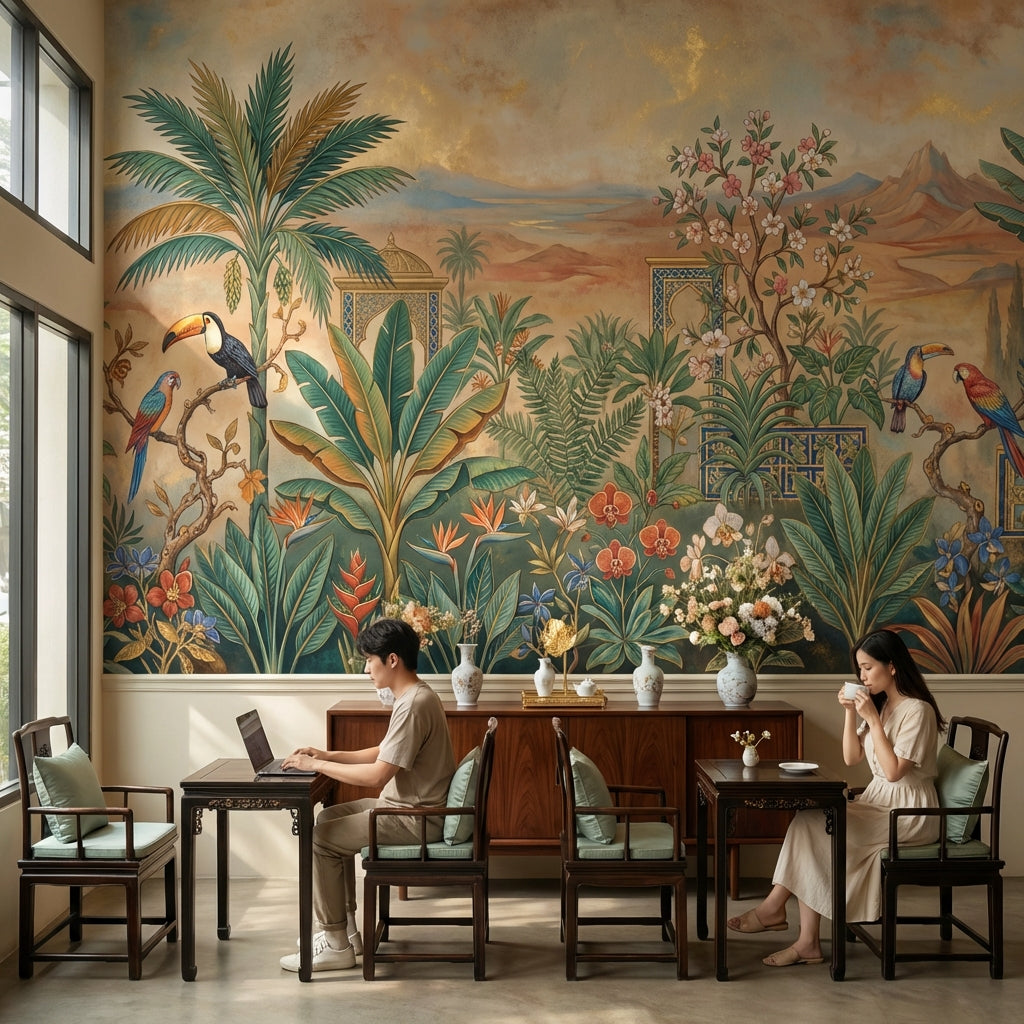 Tropical Birds Wallpaper Palm Trees Mountain Wall Mural