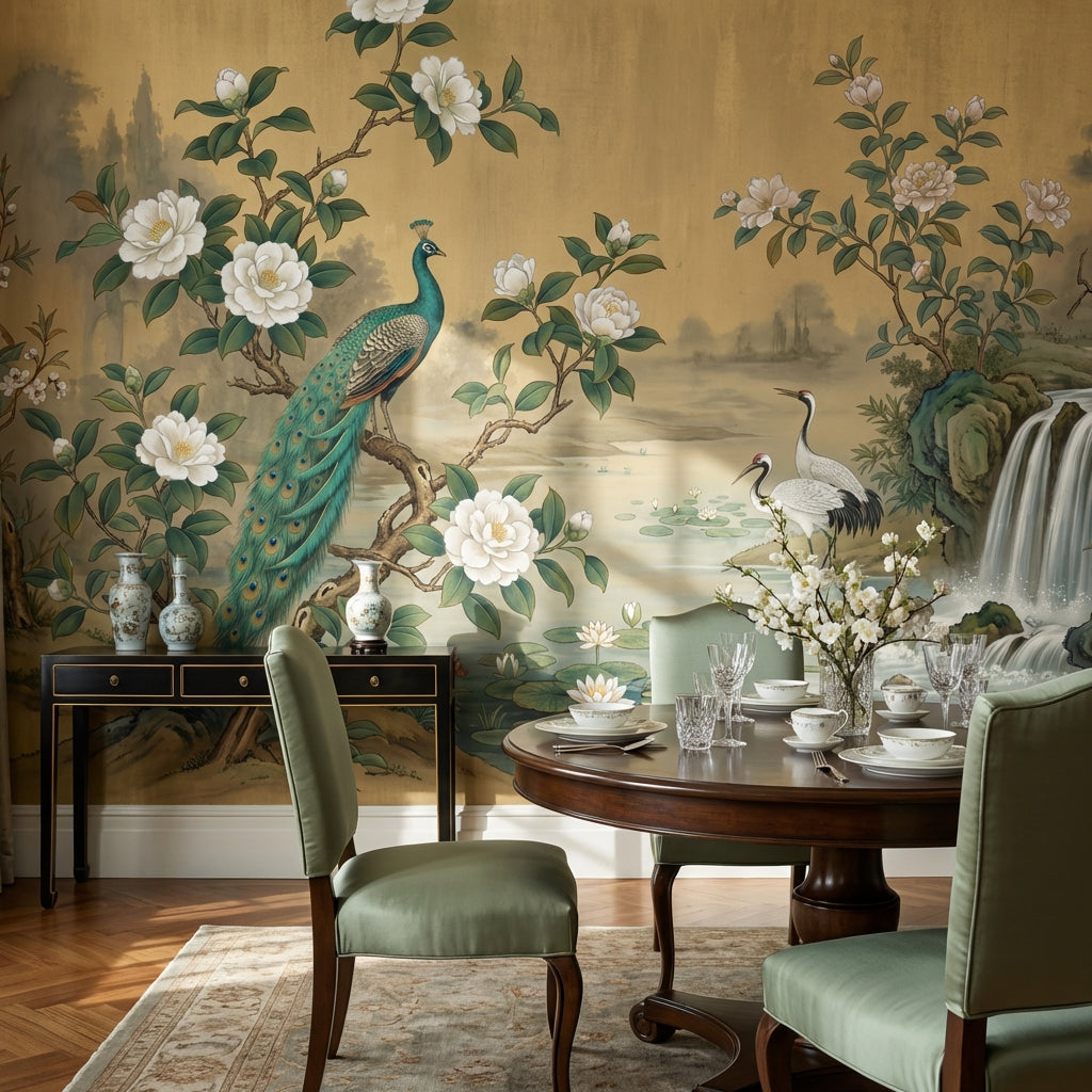 Peacock Wallpaper Cranes Waterfall Wall Mural